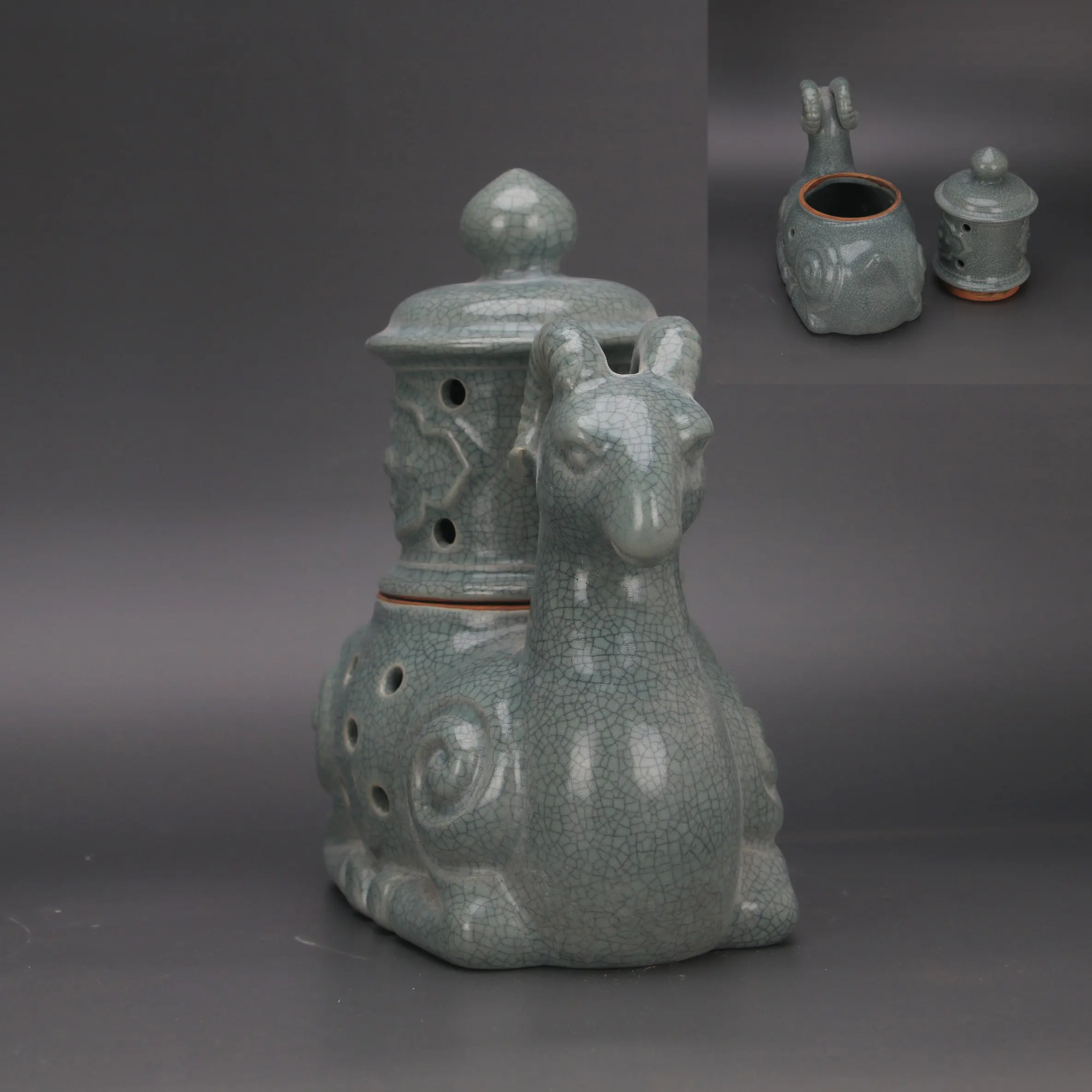 Song Dynasty Ru Ware Celadon Glaze Ice Crackle Hollow Goat Incense Burner Qingliang Temple Reproduction Porcelain Collectible