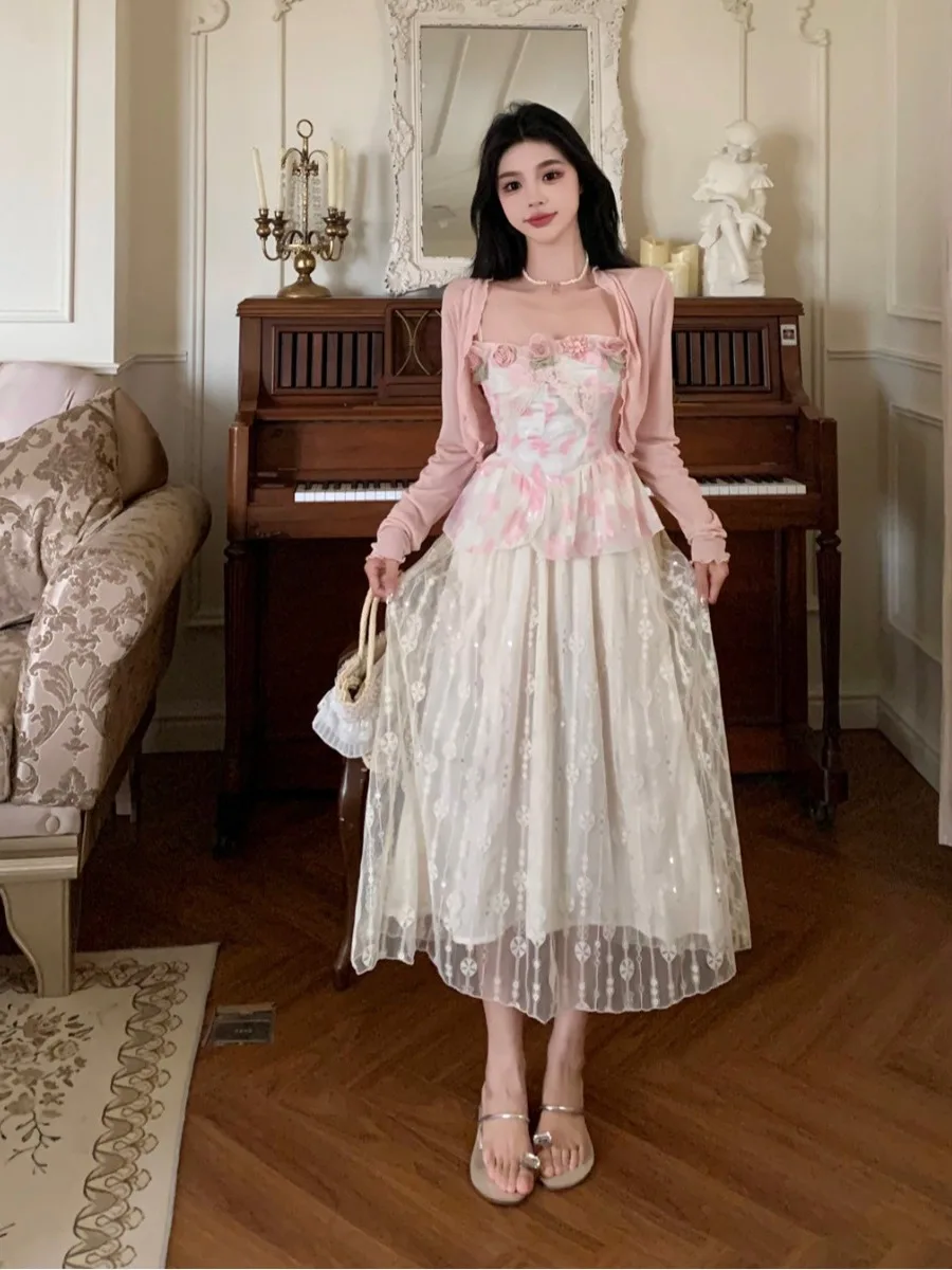 

plus Size Summer New Style Lace Trim Set High Waist A-Line Dress with Floral Design Long Sleeve Cardigan Outerwear Korean Style