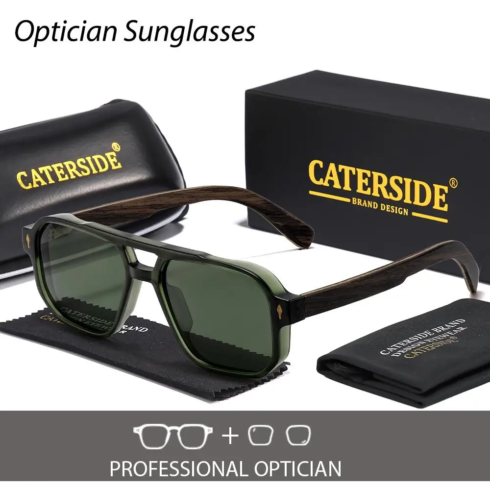 CATERSIDE Retro Quadratische Piloten-Sonnenbrille für Herren und Damen mit Holzmaserung-Bügeln, Korrektionsbrille, Luxuriöse Maßanfertigung – Detail 2