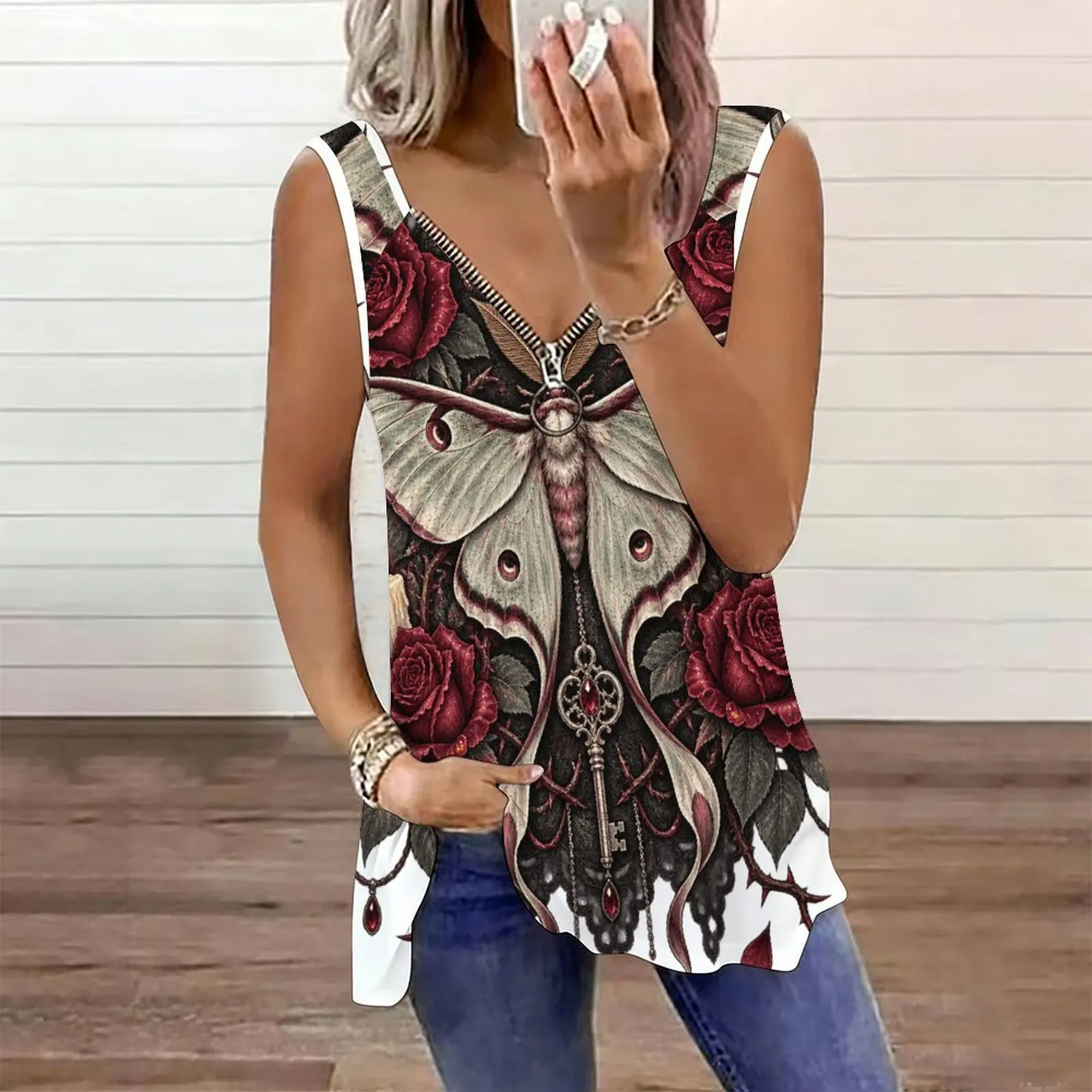 Women White Sleeveless Tank Top V Neck Ring Zipper Printed Gothic Spider Web Red Rose Pattern Curved Hem