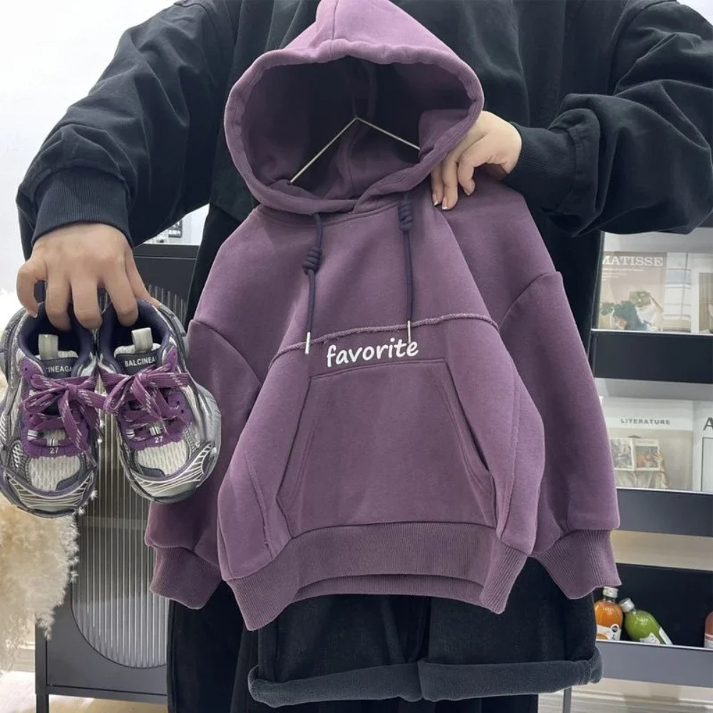 Boys Fleece Lined Hoodie Autumn Winter Purple Letter Print Sweatshirt Korean Style Kids Pullover Warm Clothing