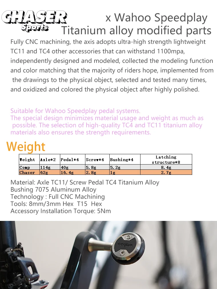 Chaser Titanium Axle Lollipop Pedals TC11 Ultraleichte, verlängerte Titanachse für Wahoo Speedplay – Detail 1