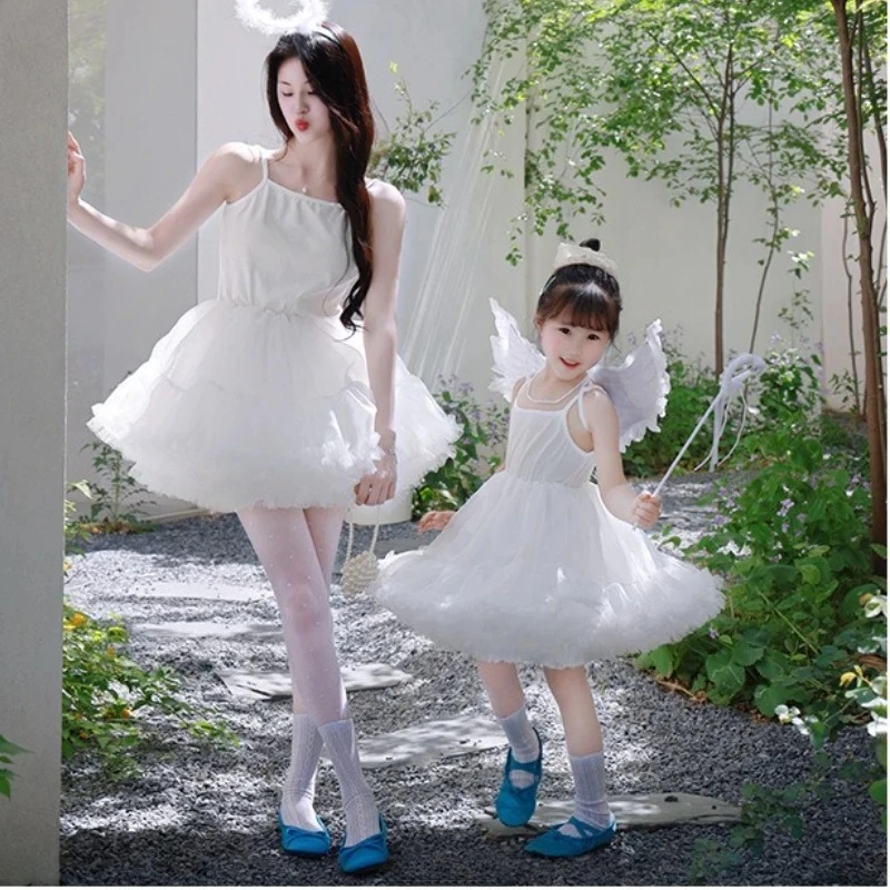 Holiday Outfits Family Take Pictures Clothes Summer Mother Daughter Matching Dresses White Swan Puffy Korean Style Party Dress