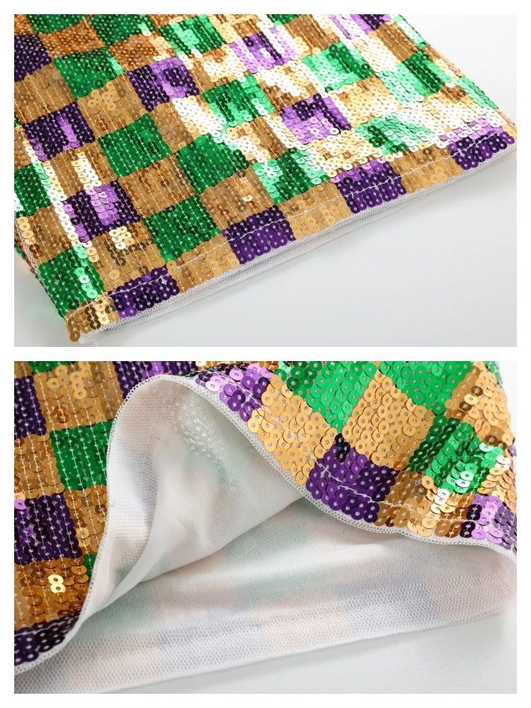 Robe de soirée à paillettes Mardi Gras pour femmes, col rond, demi-manches, t-shirt court et ample, robe carrée à paillettes géométriques