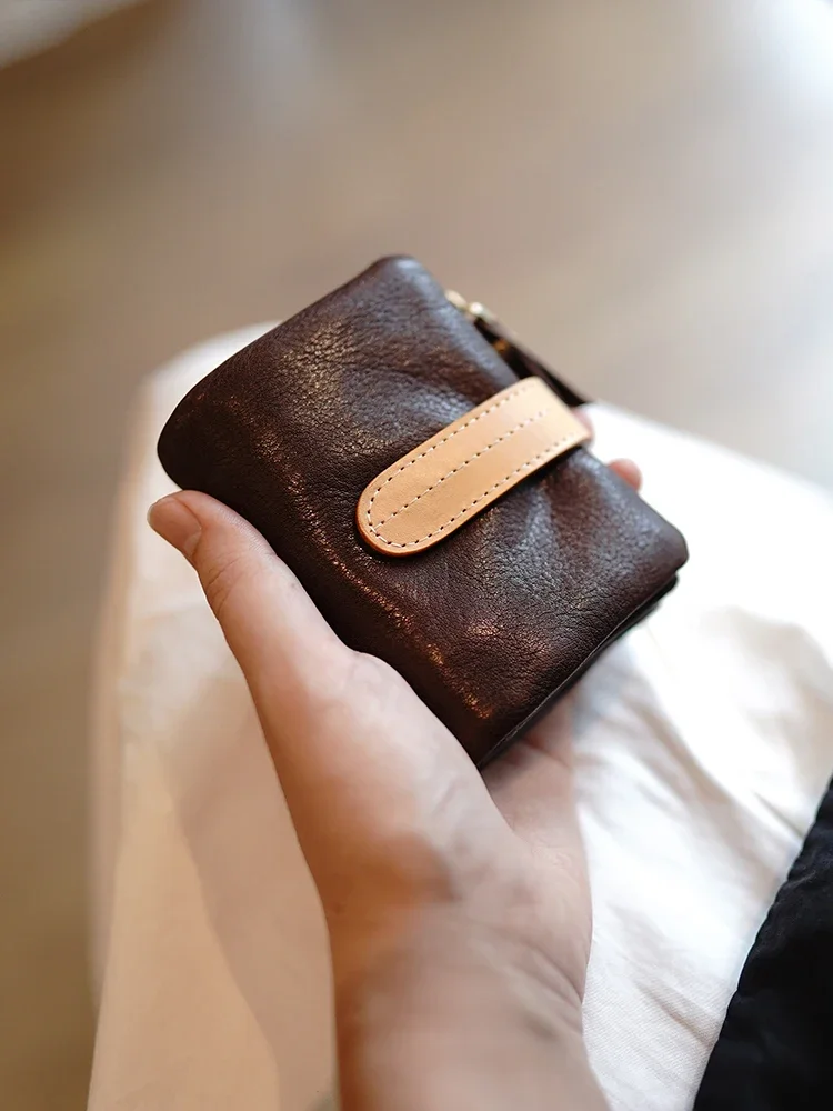 Vegetable Tanning Leather Soft Retro Contrast Color Small Buckle Leather Short Large-Capacity Wallet Wallet for Women