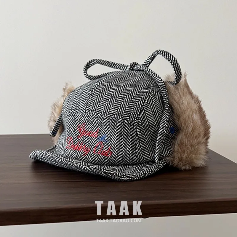 

Плюшевые шерстяные шапки-бомберы в стиле ретро с узором «елочка» для мужчин и женщин, зимние лыжи, теплая защита ушей, универсальные шапки-пилоты