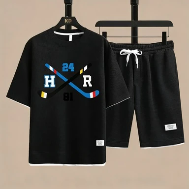 

Men Rozanov 81&Hollander 24 Ice Hockey Player Print 2 Piece Outfit Waffle Knit T-shirt + Shorts Set Sports Fan T-shirt Tracksuit