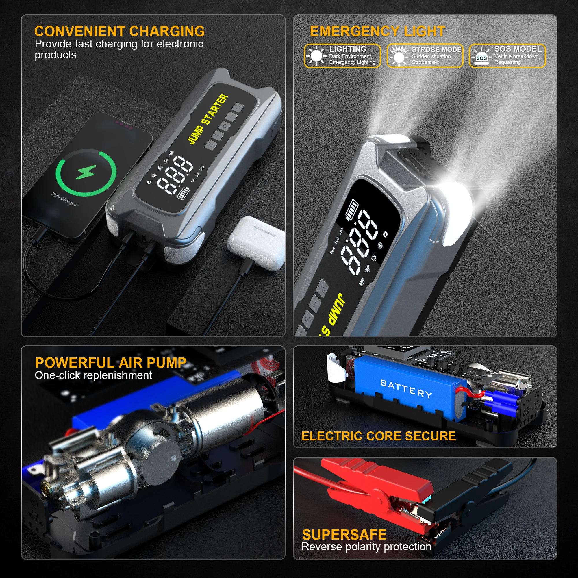 OEM 24000mAh 4000A 12V Portable Car Jump Starter With Air Pump Power Bank Car Jumpstarter With Air Compressor Tire Inflator