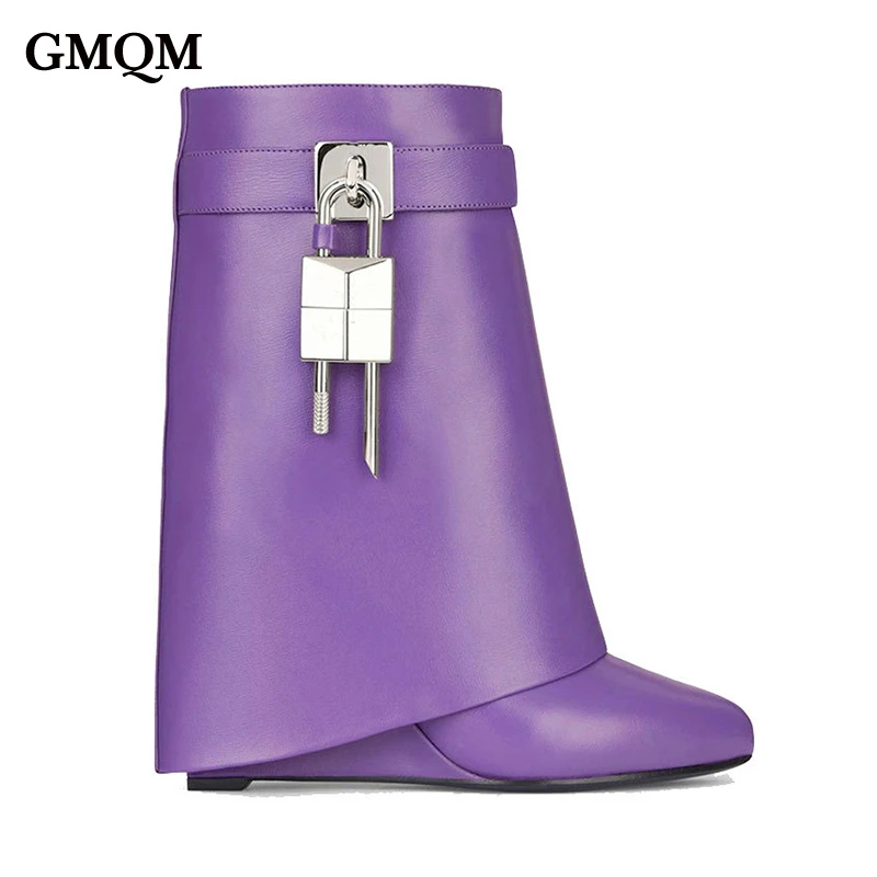 GMQM Genuine Leather Fashion Women\'s Mid-Calf Boots Platform Wedges Shark Lock Luxury Shoes Short Boots High Heels Pointed Toe