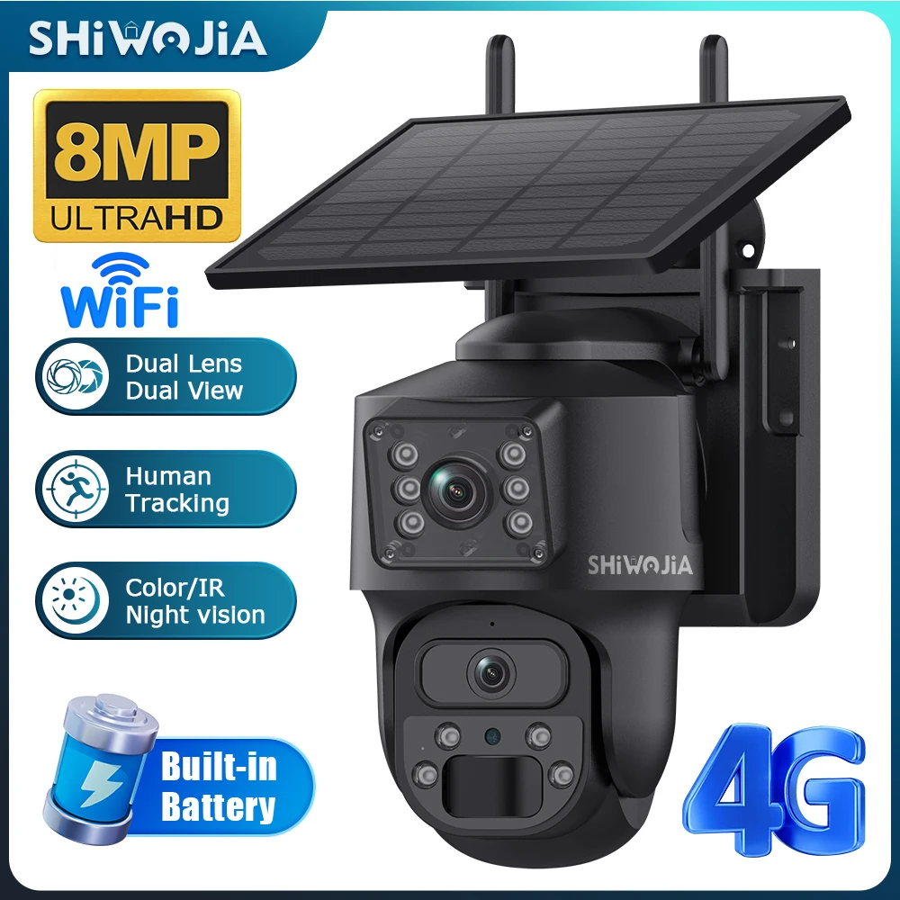 

SHIWOJIA 4K 8MP Solar Camera 4G SIM Dual Lens WIFI Solar Battery Security Camera Recording Humanoid Tracking Night Vision CCTV