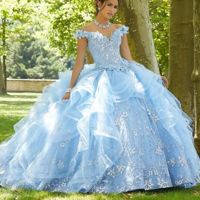 

Sky Blue Quinceanera Dresses Ball Gown Off The Shoulder Princess Sparkly Beads Redtie Tull Sweet 16 Dress Vestidos De XV 15 Anos