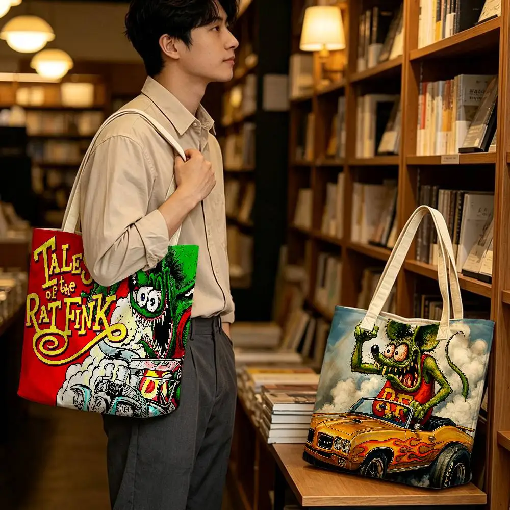 R-RAT F-FINK Cotton‑Polyester Tote Bag Reusable Eco‑Friendly Double‑Sided Shoulder Handbag Storage Shoulder Bag