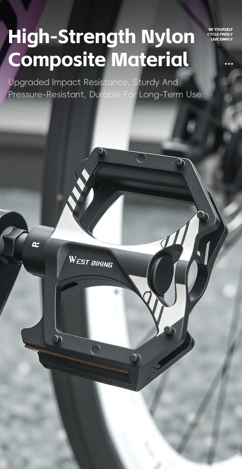 WEST BIKING Flache Fahrradpedale mit doppelten DU-Dichtungslagern, Nylon, ultraleicht, rutschfest, reflektierend, für MTB und Rennräder – Detail 4