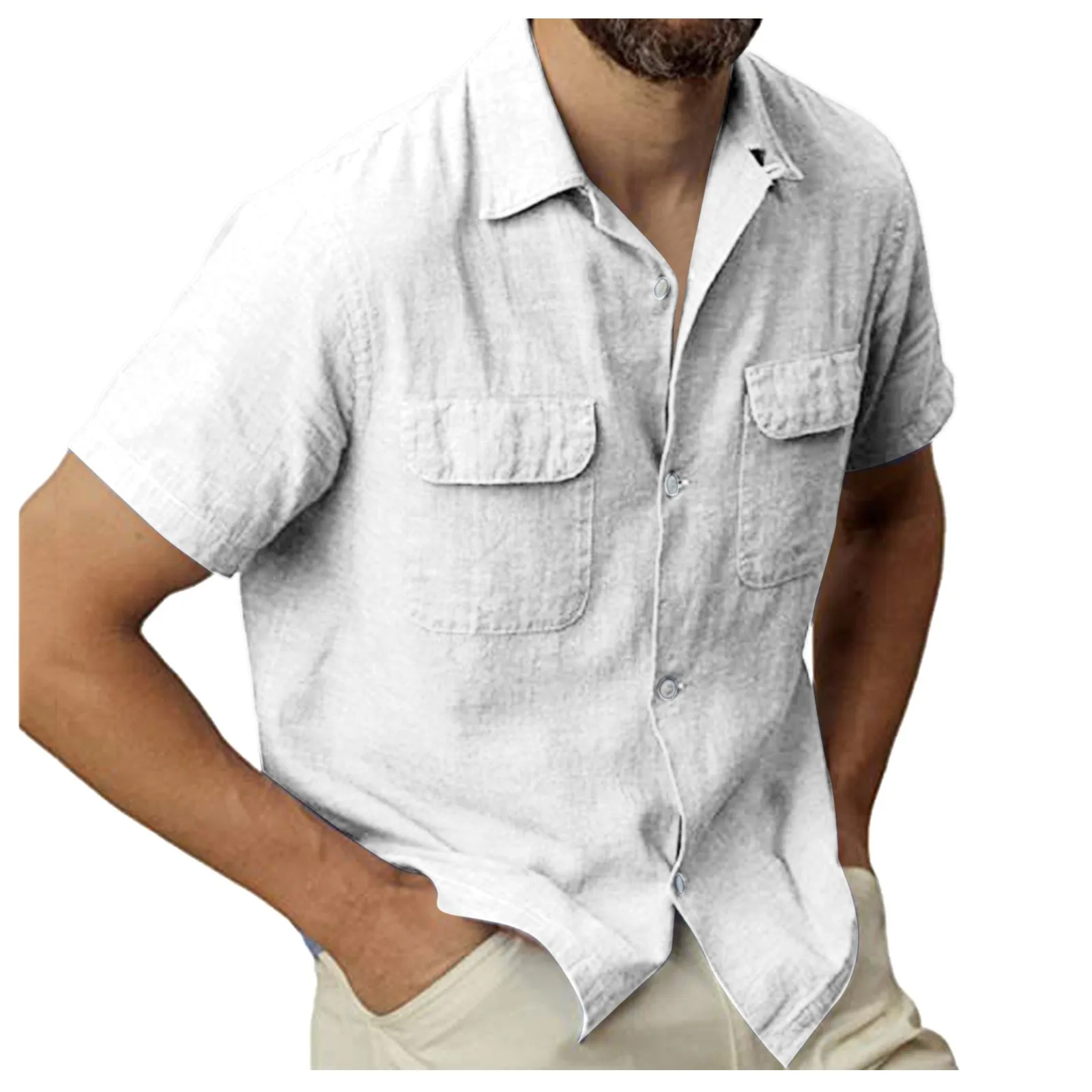 Summer Men Shirt Dual Pocket Casual Solid Color Blouse Cotton Linen Shirt Short Sleeve Loose Cardigan Tops Breathable Beachwear