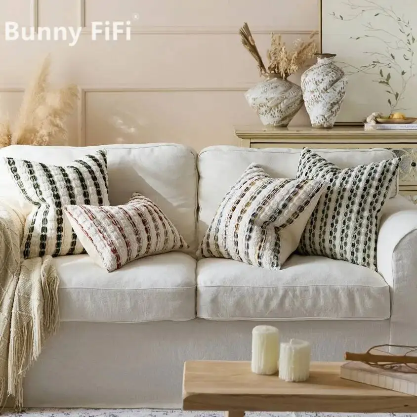 Boho Textured Tufted Stripes Pillow Covers Chenille Woven Decorative Cushion Case Neutral Pillowcase For Sofa Bed Home Decor
