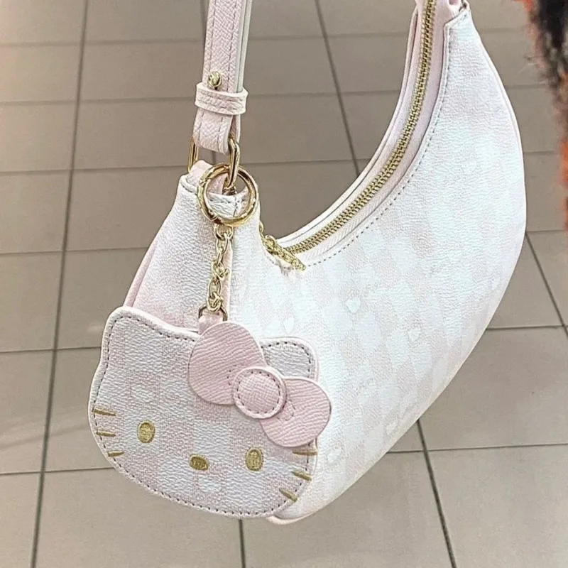 Spring Summer Mini Kawaii Hello Kitty Armpit Bag Girl Handbag Temperament Shoulder Bag Crescent Moon Bag Checkerboard Square Bag