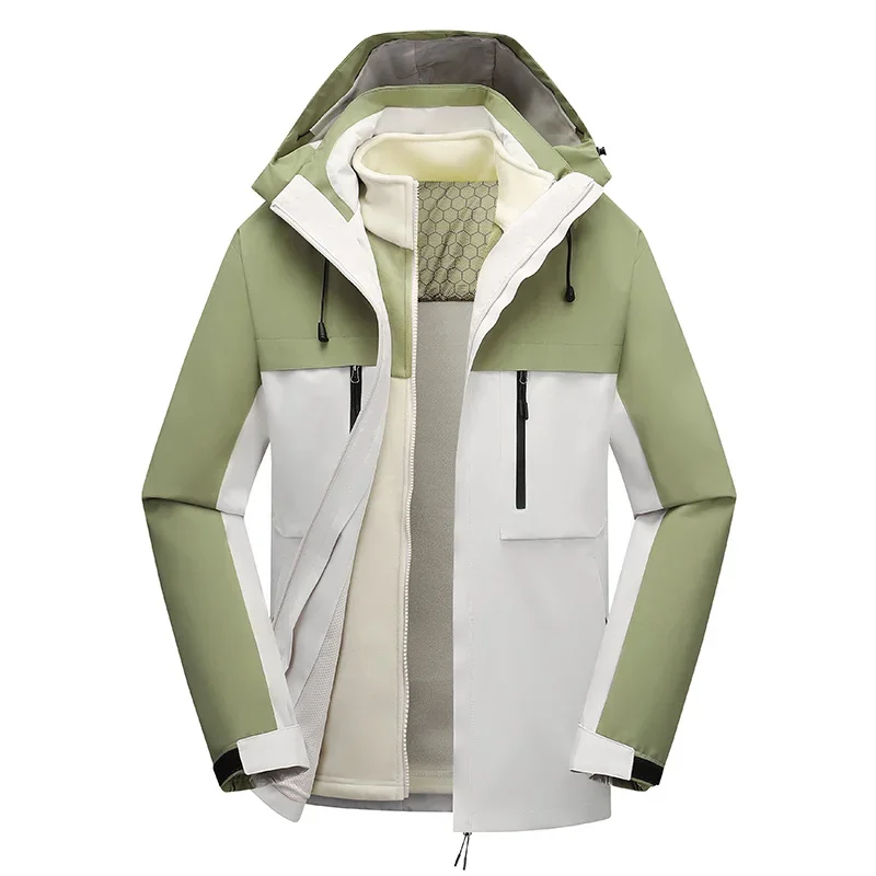 Abrigo de tormenta tres en uno para hombre, chaqueta impermeable de lana cálida, diseño de gorra desmontable, cortavientos de viaje al aire libre, Invierno