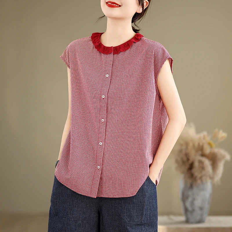Original rétro dentelle col pur coton Plaid ample oulder couverture Sve irt femmes bouton nouveau Sle été Faion haut