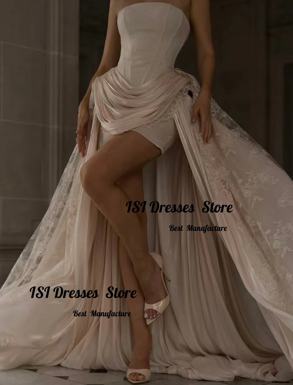 Vestido de Noche de Lujo ISI, Estilo Champán, Satinado con Encaje, Cola Drapeada, Corte Asimétrico, Vestido de Fiesta para Bodas ﻿ Personalizado