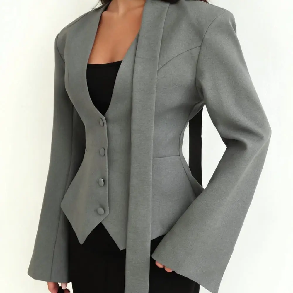 Womens Elegant Blazer Coat V Neck Scarf Design Solid Color Long Sleeve Slim Fit Fashion Casual Office Lady Outerwear