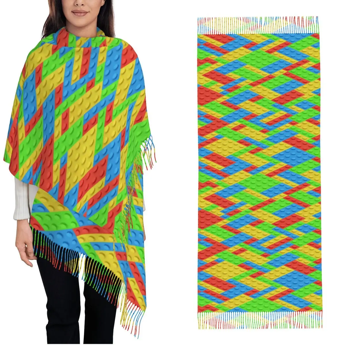 

Пластиковые строительные блоки, шарф с длинной кисточкой, 3D-кирпичи, бесшовное изображение, теплые мягкие шали и накидка, женские дизайнерские головные уборы, шарфы