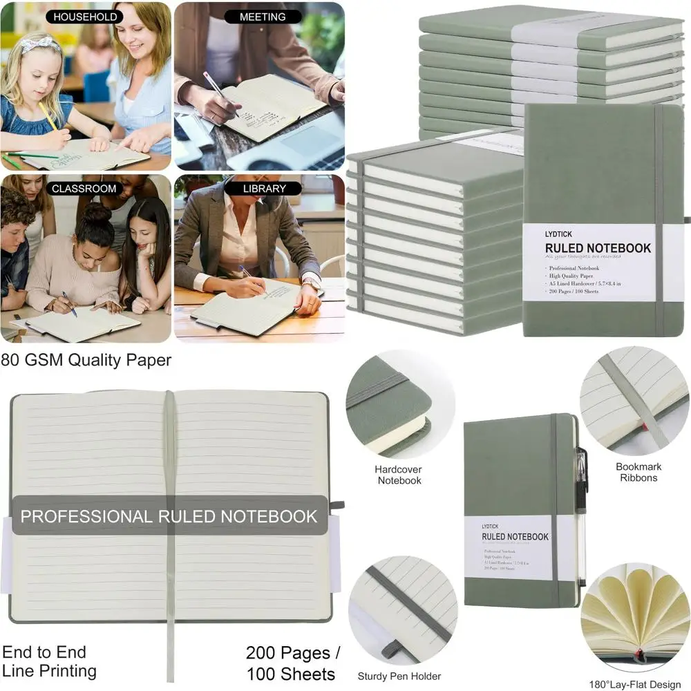 Bulk 20-Pack College Ruled Lined Notebooks, Hard Cover, 200 Pages, 5.7x8.4, Olive Green for School & Office