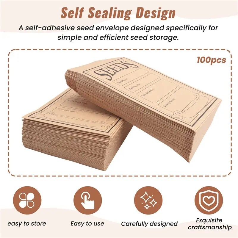 AT63-100PCS Seed Packets Envelopes: Self Sealing Kraft Small Seed Envelopes For Seed Storage Resealable Seed Saving Envelopes Du