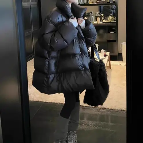 두꺼운 다운 재킷 여성용 백오리털 루즈핏 중간 길이 스탠드 칼라 두꺼운 중간 길이 루즈핏 스탠드 칼라 다운 재킷 패딩 코트 