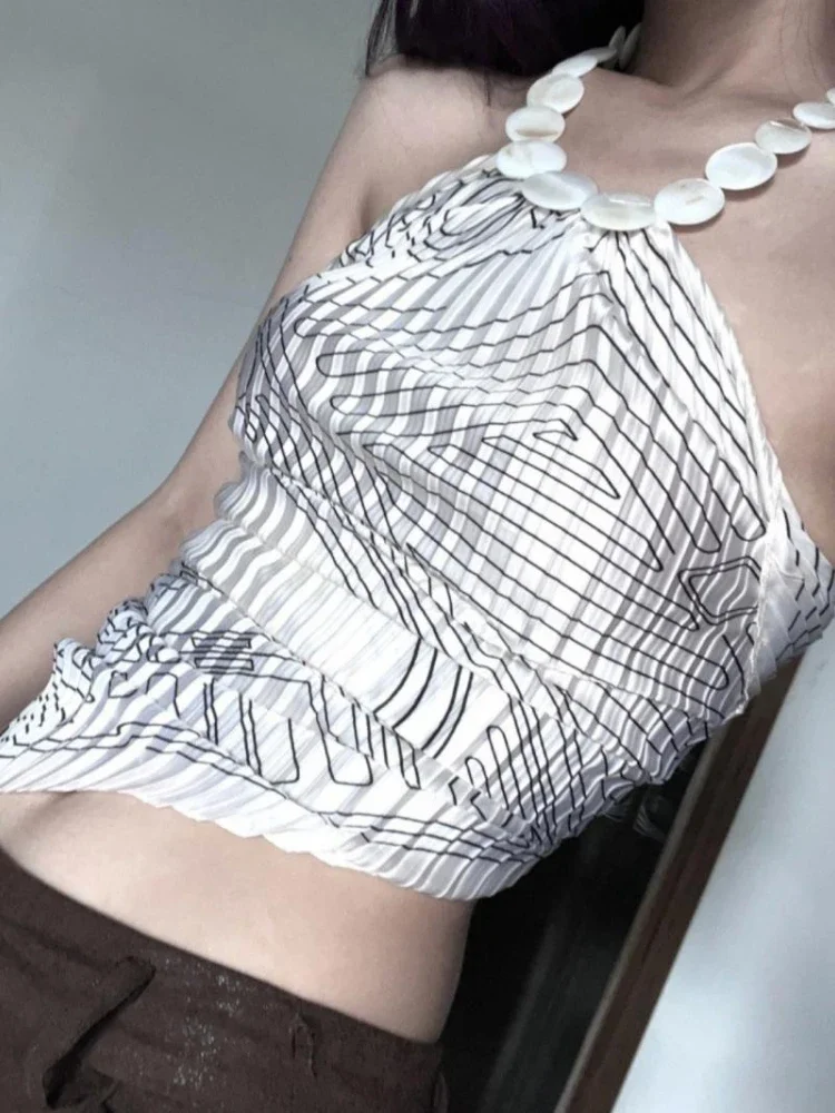 Y2k Ästhetische String Perlen Halter Sexy frauen Sommer Fee Druck Unregelmäßige Leibchen Streetwear Vintage Plissee Top