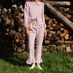 HEZIOWYUN Women's 2 Piece Plaid Print Loungewear Pajamas Set Puff Long Sleeve Doll Collar Button-down Tops + Ruffled Hem Pants