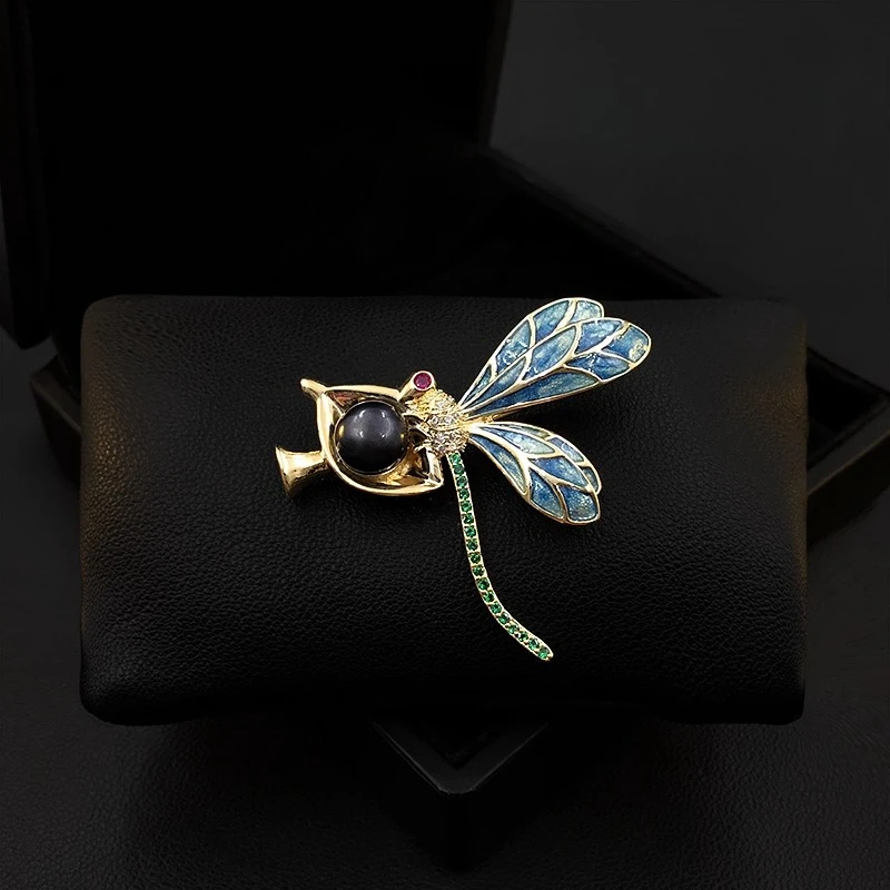 

Elegant Blue Dragonfly Brooch Luxury Suit Pearl Accent Formal Lapel Pin Ladies Chic Fine Jewelry Unique Design Stylish Gift 5685
