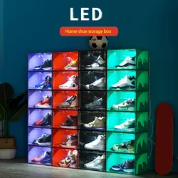 LED Luminous Basketball Shoe Storage Box Transparent Sound Control Home Shoe Cabinet Side Open Magnetic Dustproof Home Supplies