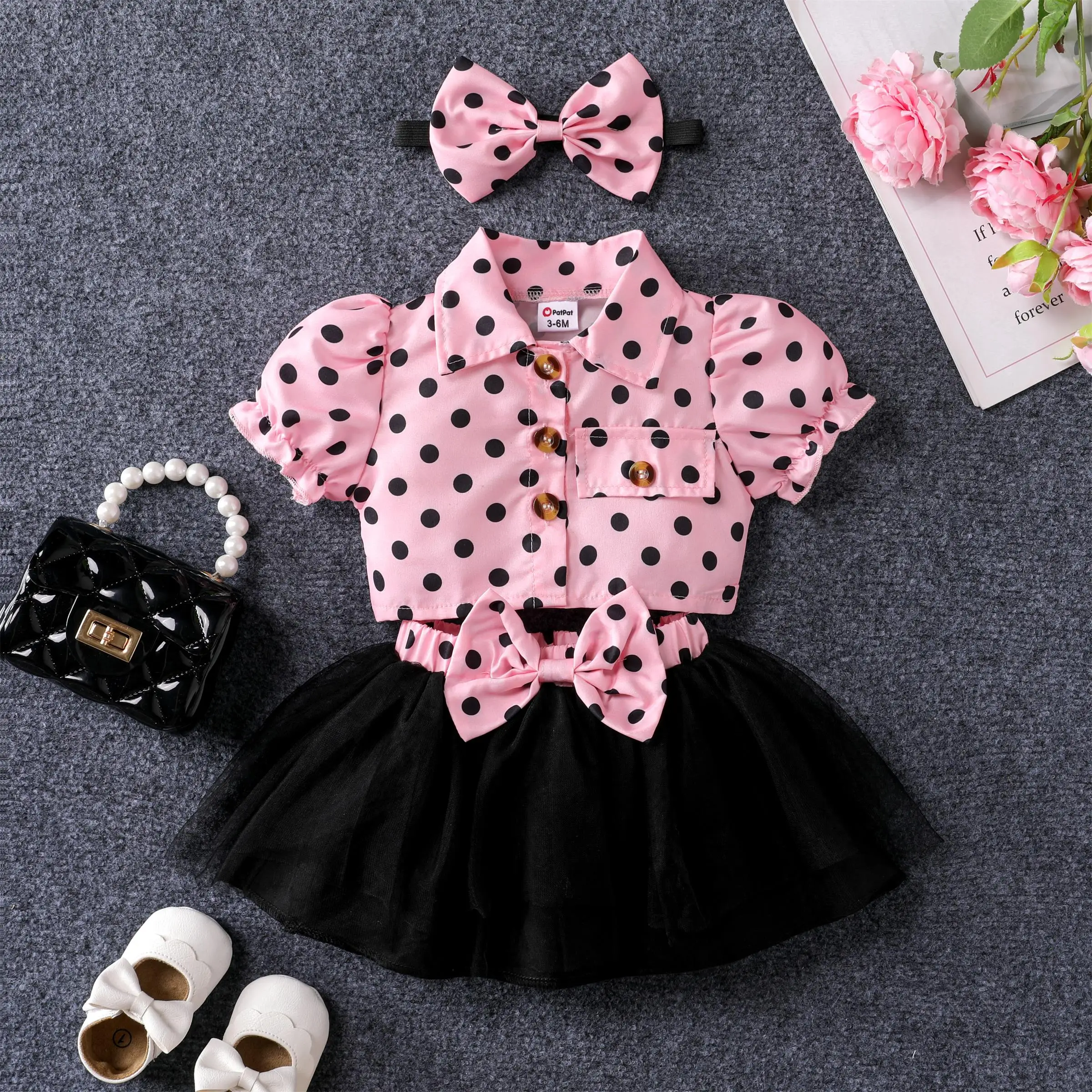 PatPat 3pcs Baby Girls Sweet Polka Dot Ruffle Top and Dress and Skirt Set