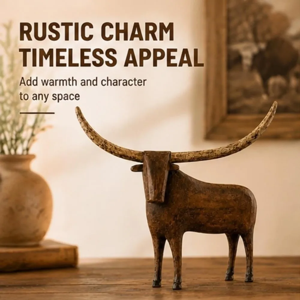 Vintage Style Longhorn Bull Sculpture Western Style Rugged Resin Bull Tabletop Statue Rustic Handcrafted Distressed Animal Decor