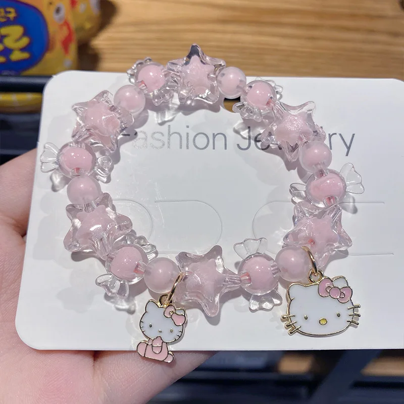 Fashion Hello Kitty Glass Beaded Bracelet Anime Kuromi Cinnamoroll Rope Bracelet Jewelry for Women DIY Beaded Pendant Girls Gift