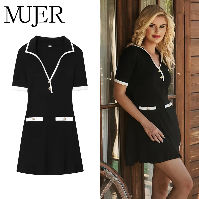 MUJER noir tricoté robes courtes pour femmes moulante Mini robe femme bouton décontracté femmes robes à manches courtes robes formelles