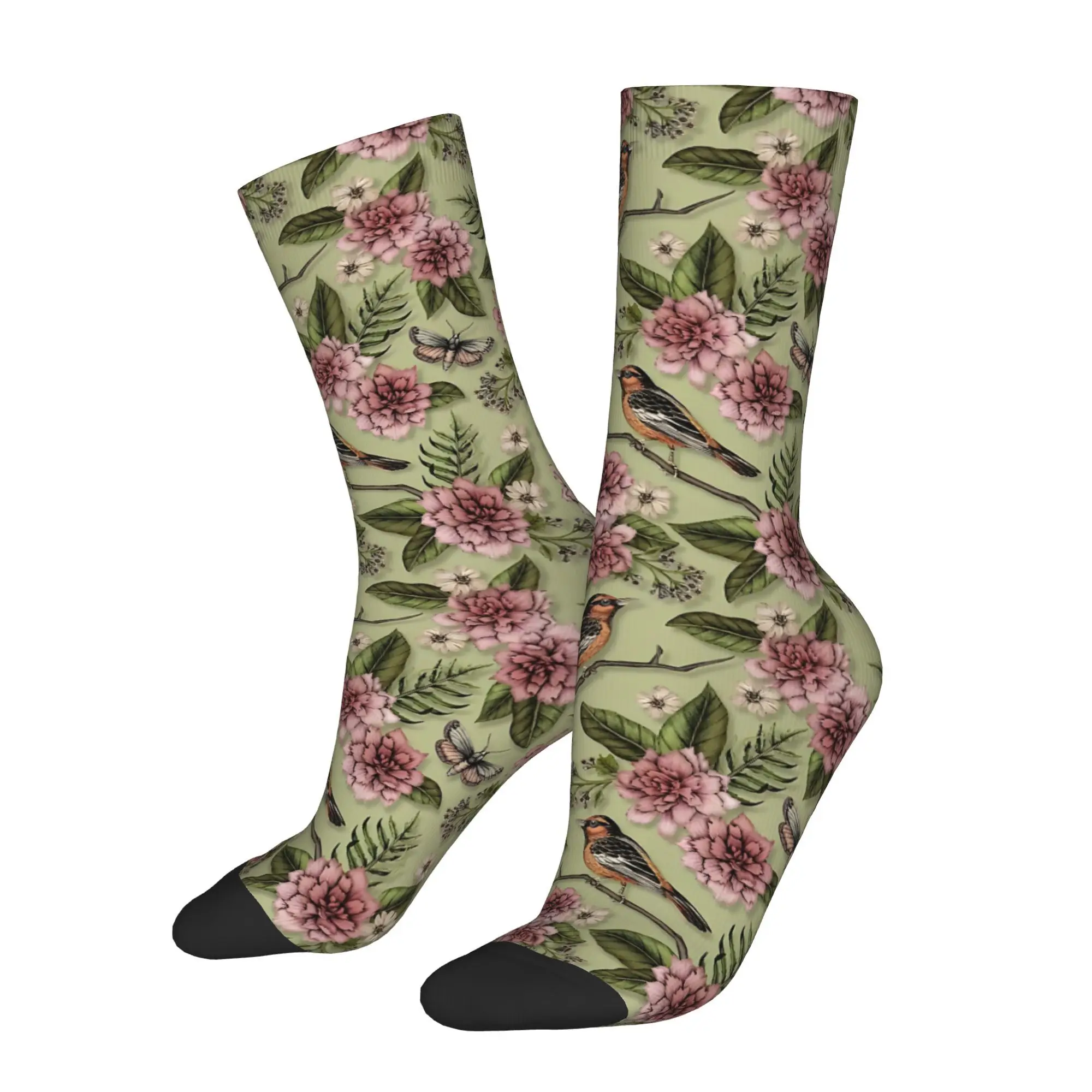 1pc Spring Flowers Birds Moths Printed Men's Socks  Novelty Hip Hop Harajuku Pattern Crew Sock Casual Gift