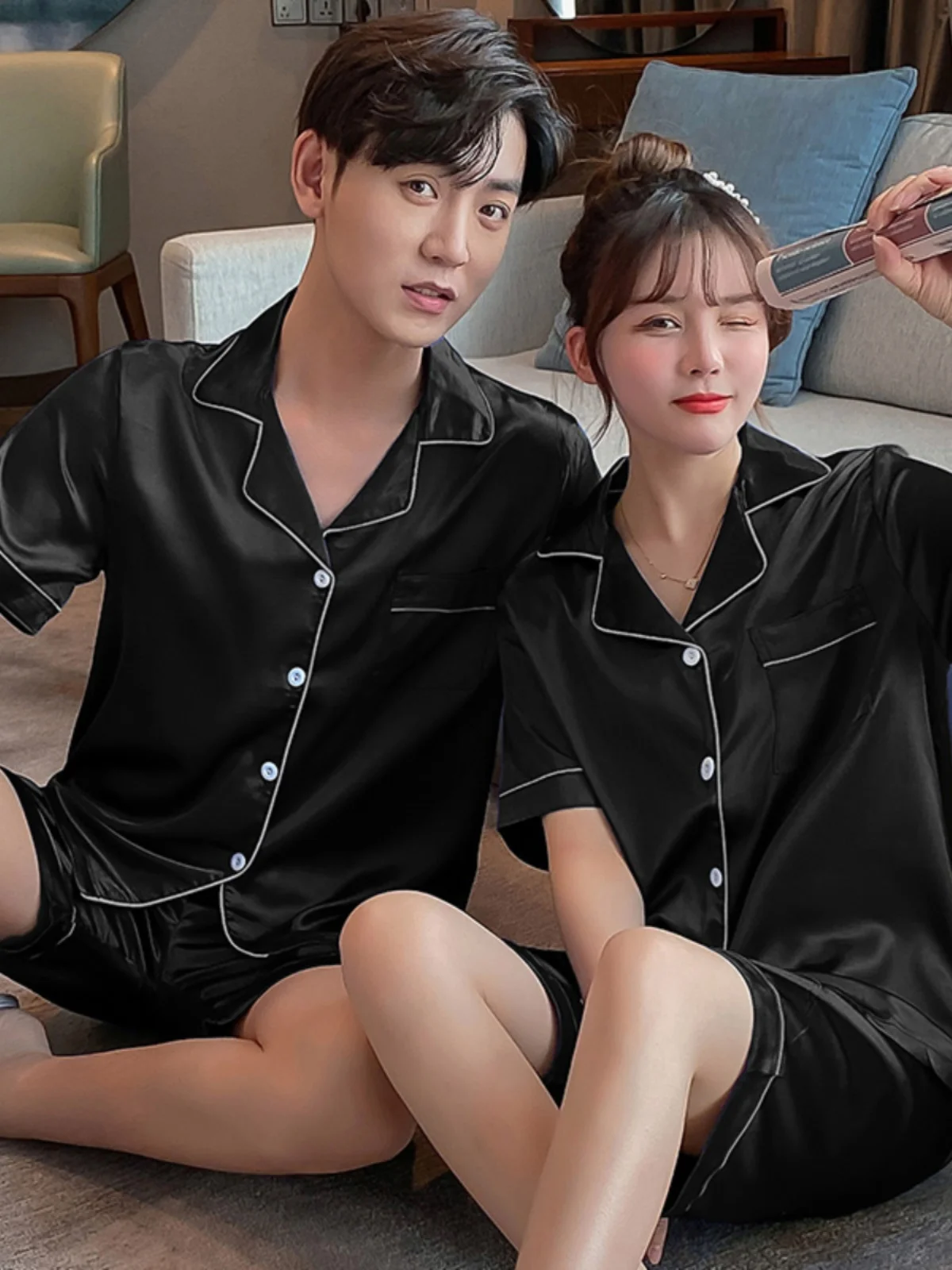 Couples Summer Ice Silk Sleepwear Thin Short Sleeve Home Clothes Short Pants plus Size Set for Men And Women Comfortable Brea...
