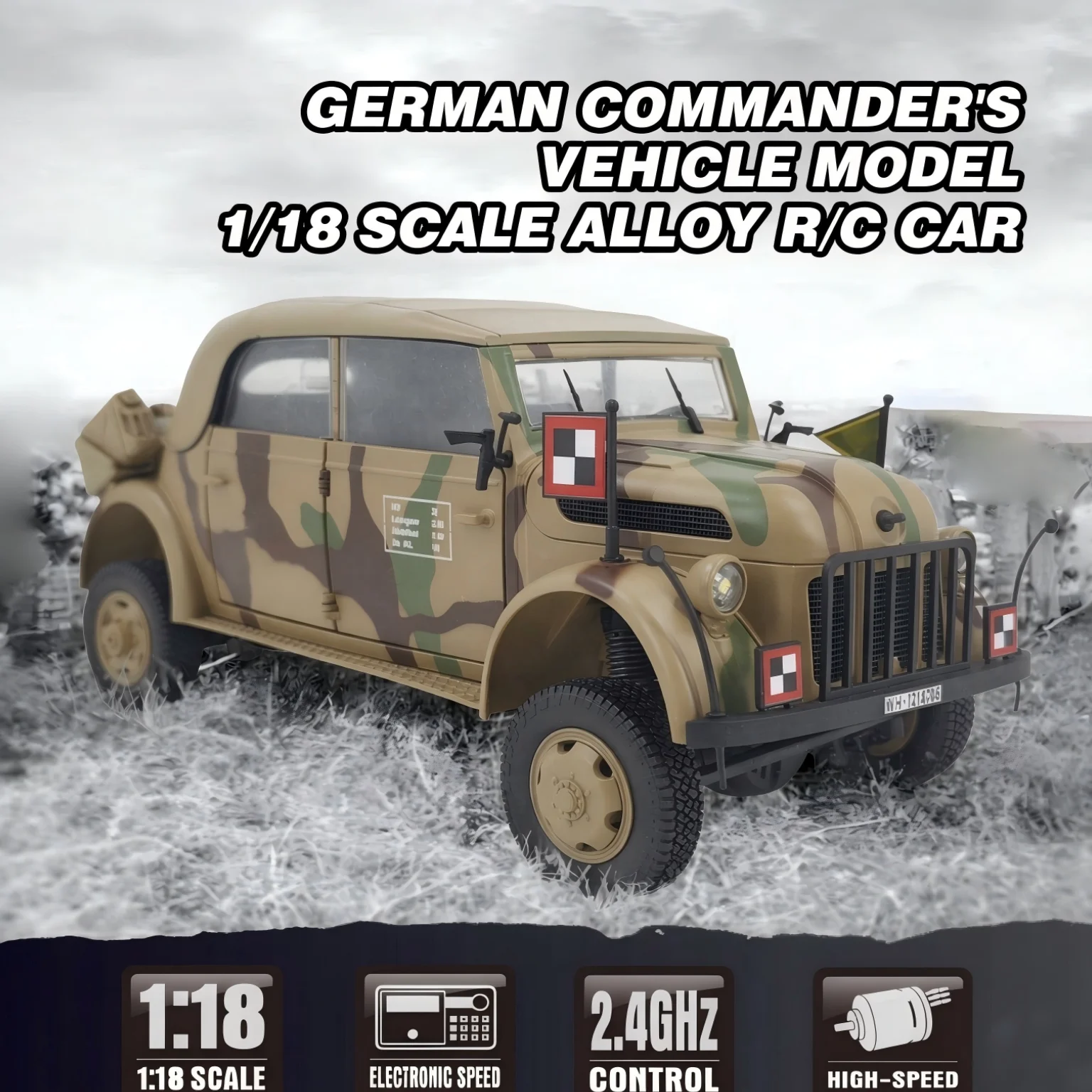 1/18 Remote Control Climbing Off-road Truck German Command Vehicle with Sound and Light Smoke Model Toy for Adults Holiday Gifts