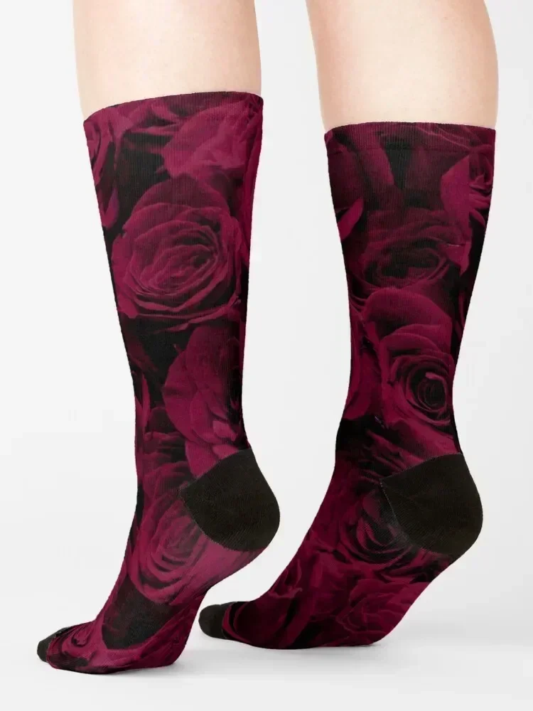Romantic Burgundy dark red Roses, deep redfloral photo Socks christmass gift hiking Stockings man Socks Men Women's
