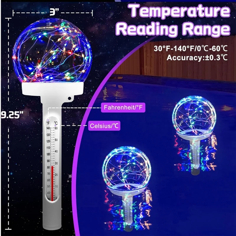 Poolthermometer Schwimmendes Poolthermometer mit LED-Schwimmlicht für Schwimmbäder und Spas im Innen- und Außenbereich