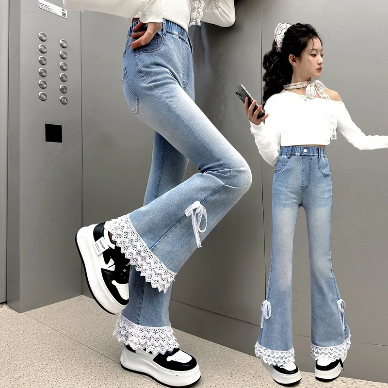 

Elegant Kids Boot Cut Jeans with Lace Bottom For Girls Fashion Slim Fit Denim Pants Korean Child Casual Flare Jeans Trousers