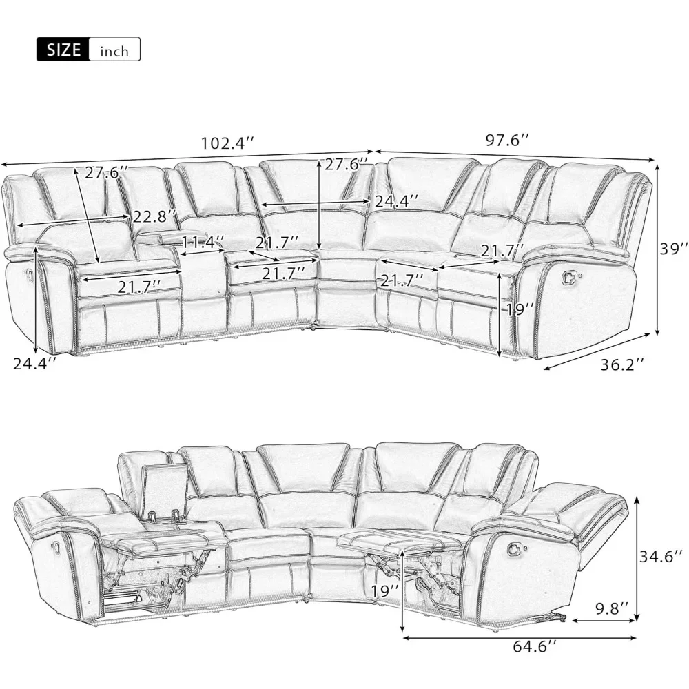 Faux Leather Manual Reclining Sectional Sofa with Center Console and LED Light Strip,Symmetrical Corner Motion Couch2Cup Holders