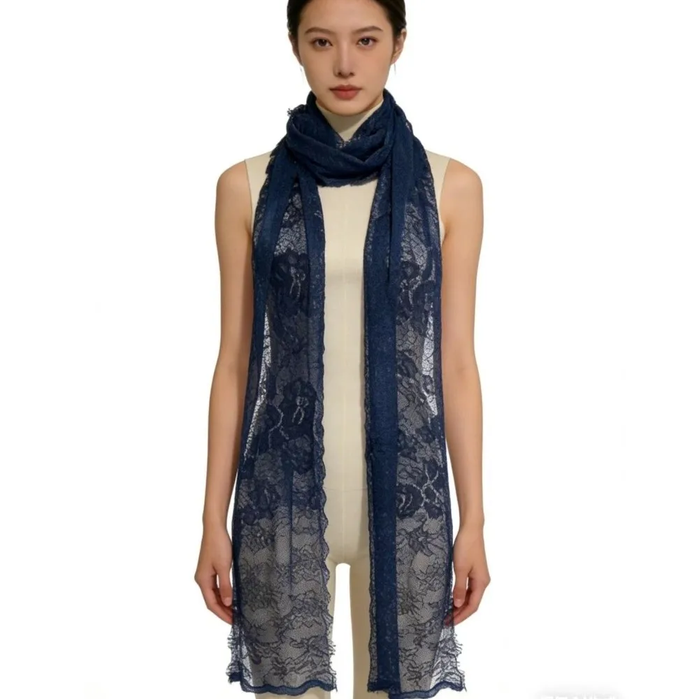 

Retro Long Lace Scarf Mesh Solid Color Flower Embroidered Veil Breathable Lightweight Wedding Poncho Stoles