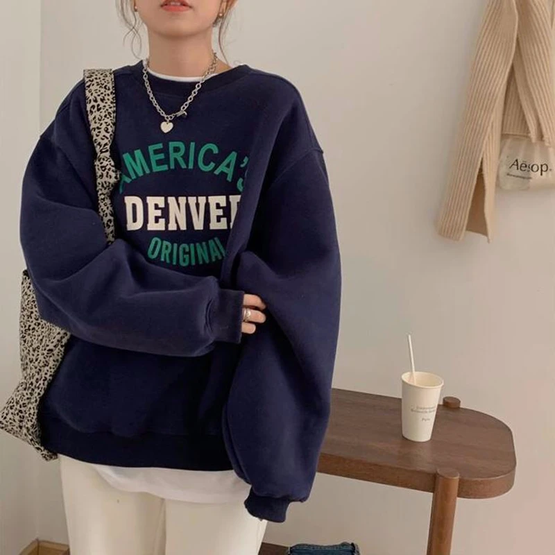 Felpa con cappuccio stampata in fibra di poliestere comoda da donna Lazy Sle retrò coreana ampia e lunga