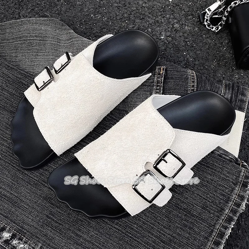 

Irregular Peep Toe Chunky Bottom Male Holiday Slippers Summer Breathable Belt Buckle Leather Sandals for Men Casual Shoes