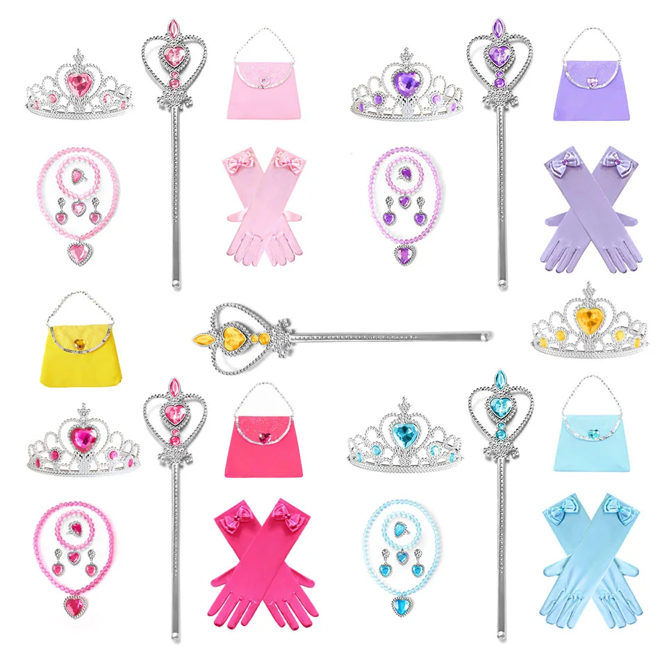 Elsa Princess Accessories Gloves Purse Wand Crown Jewelry Set Cosplay Dress Up Aurora Necklace Braid for Princess Accessories