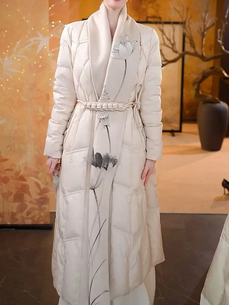 Chinese stijl dikke warme donsjas 2025, herfst winter nieuwe mode elegante lange jas
