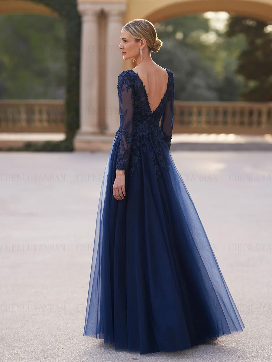 Dark Navy Mother of the Bride Dresses 2023 A-line Illusion Wedding Guest Gowns Lace Applique Front Split Dress Women For Wedding