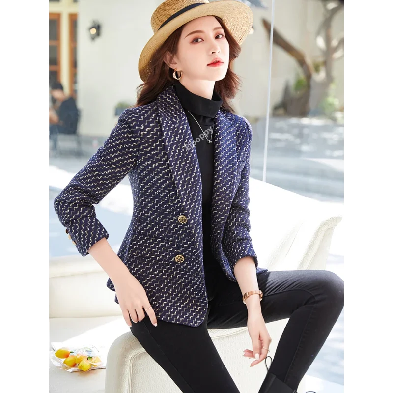 2024 New Women Slim Blazer Fashion Female Black Blue Ladies Elegant Long Sleeve Double Breasted Jacket Stripe Casual Coat